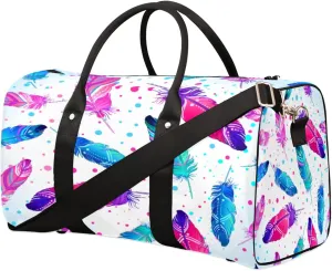 Colored Feather Travel Duffel Bag, Boho Feather Sports Tote Gym Bag, Foldable Weekender Overnight Bag, Luggage Handle Bag for Women Men