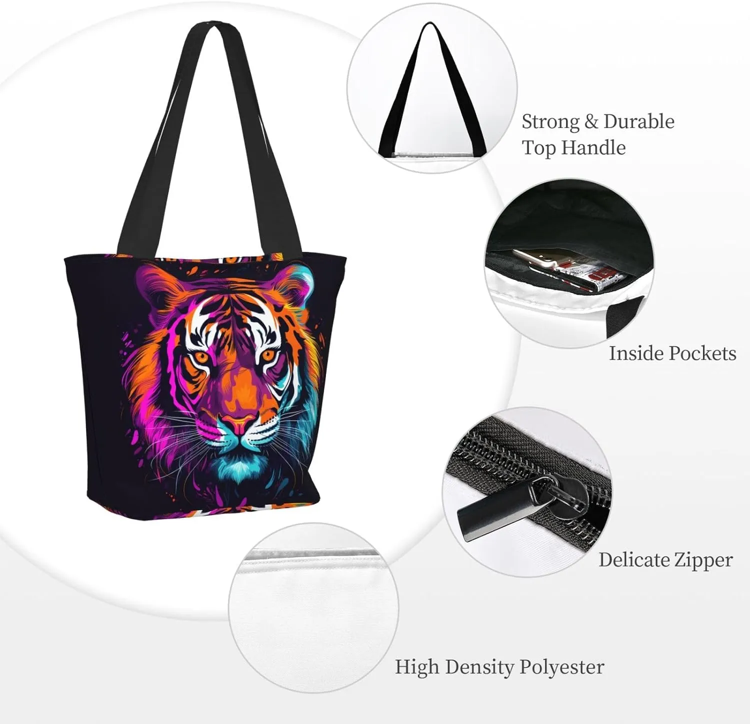 Colored Tiger Women'S Multi-Faceted Shopping Bag, Lightweight, Large Capacity, Very Suitable For Daily Use
