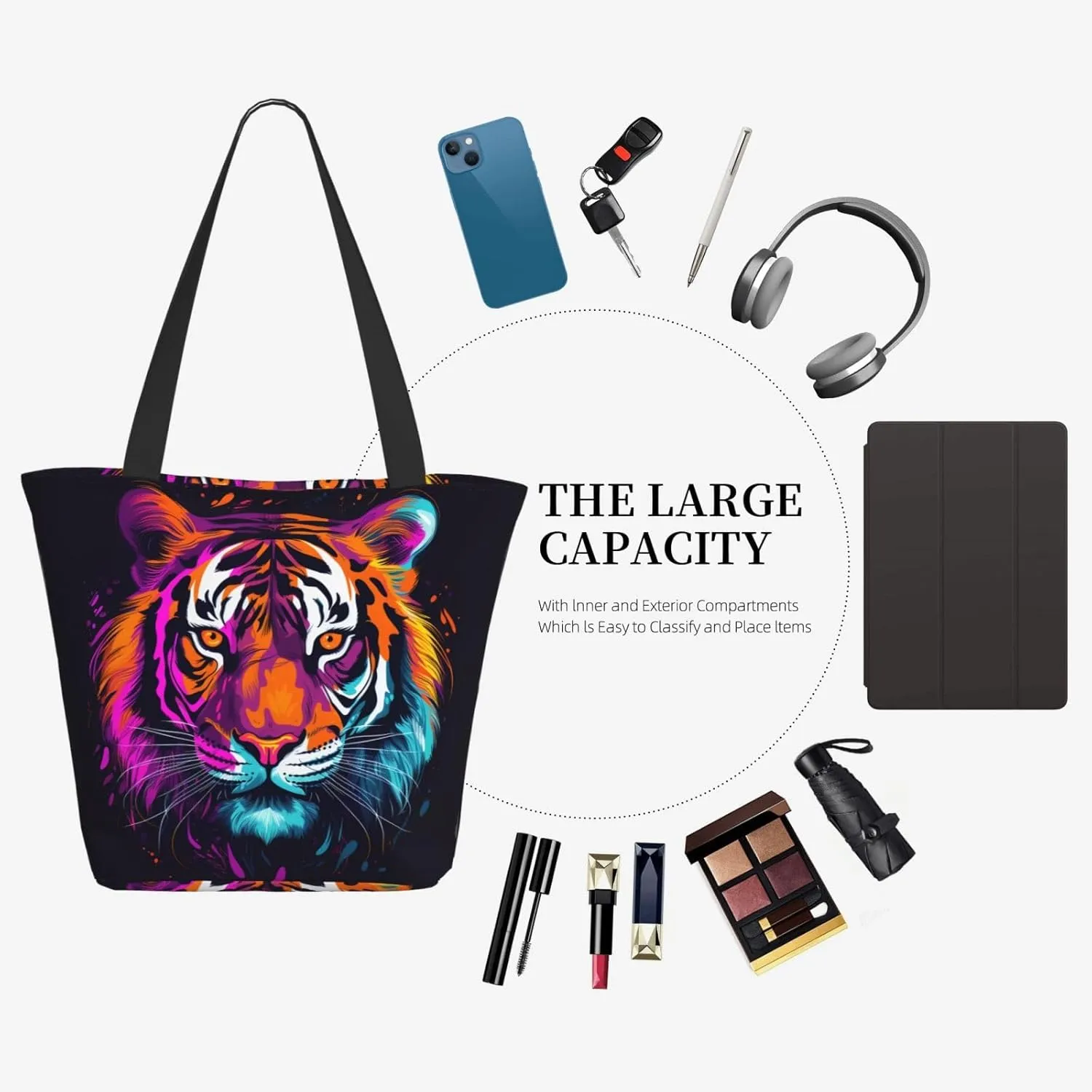 Colored Tiger Women'S Multi-Faceted Shopping Bag, Lightweight, Large Capacity, Very Suitable For Daily Use