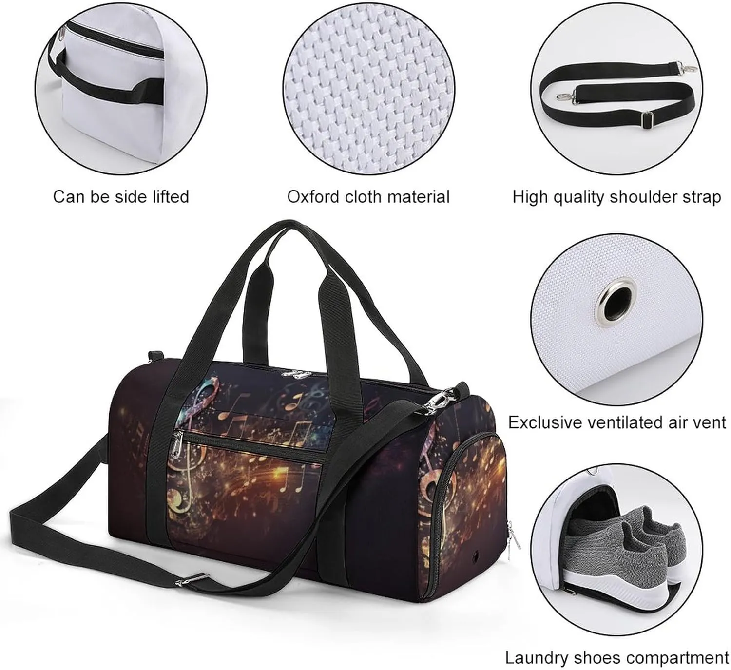 Colorful-music Pattern Sports Tote Gym Bag for Women Men, Overnight Bag with Shoe Compartment Water Resistant