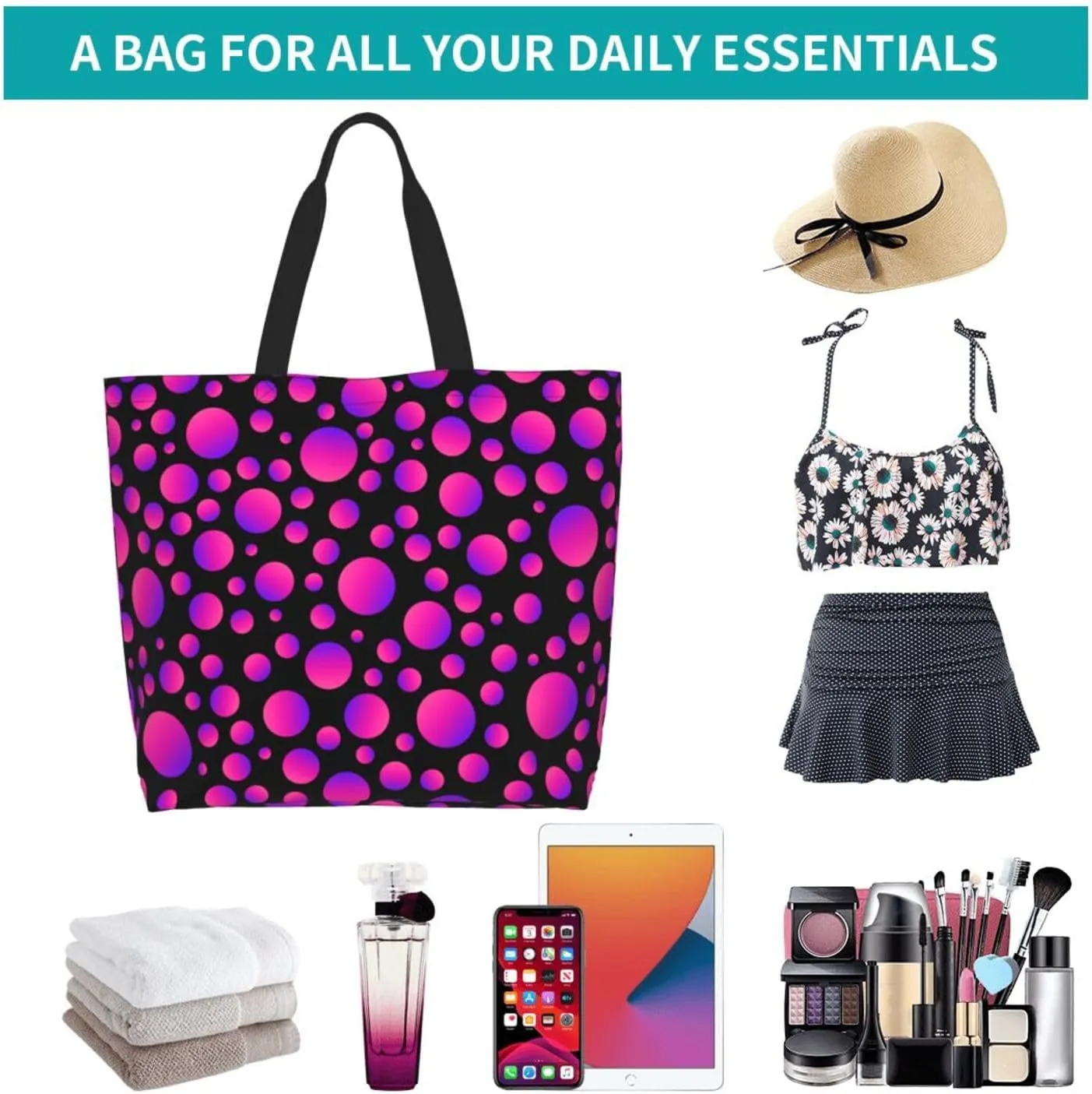 Colorful Polka Dots Cute Tote Bag Beach Bag Large Capacity Grocery Bag Reusable Shopping bags for Women
