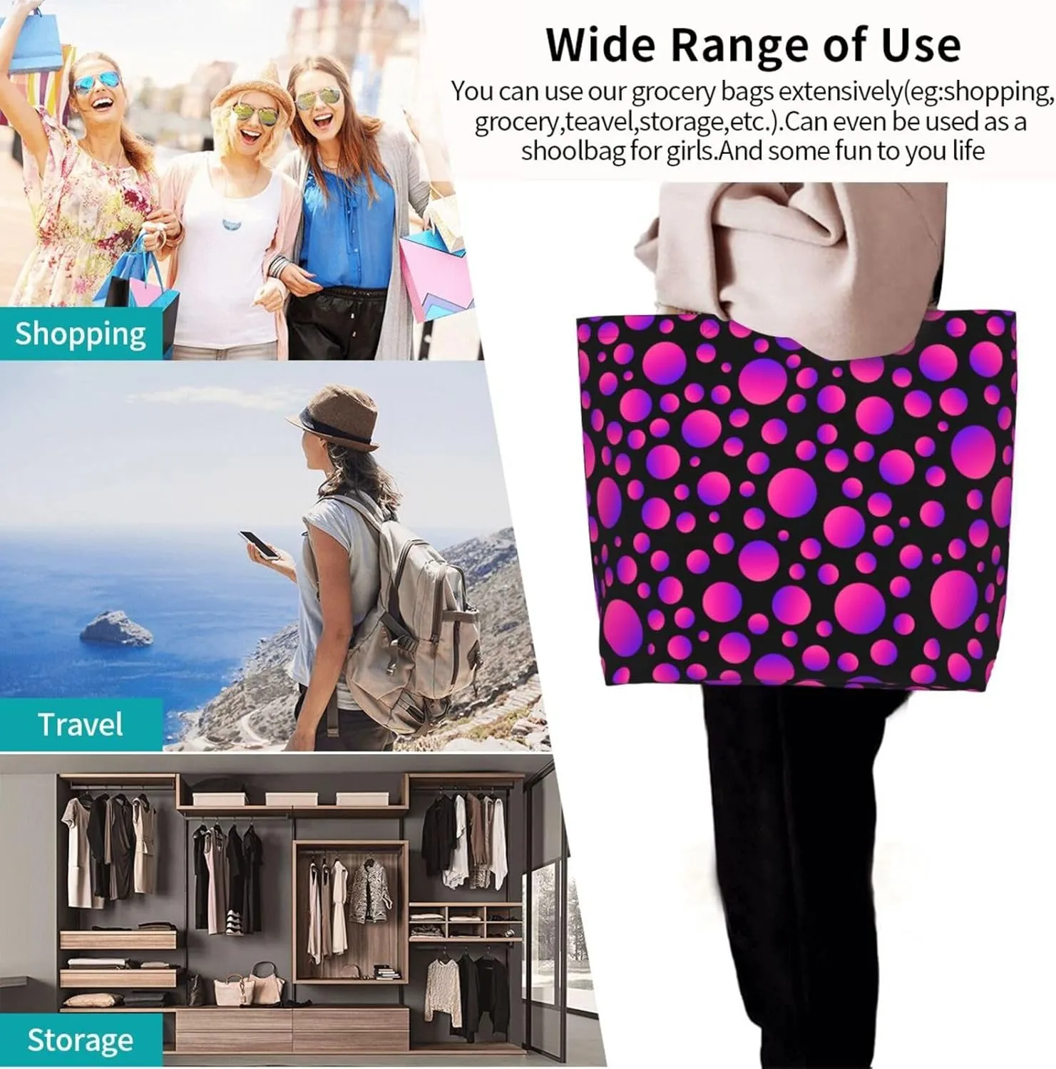 Colorful Polka Dots Cute Tote Bag Beach Bag Large Capacity Grocery Bag Reusable Shopping bags for Women