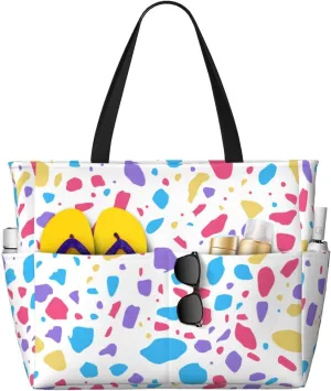 Colorful Terrazzo Print 28L Beach Tote Bag, Water-resistant Travel Tote, Lightweight Gym & Camping Carryall