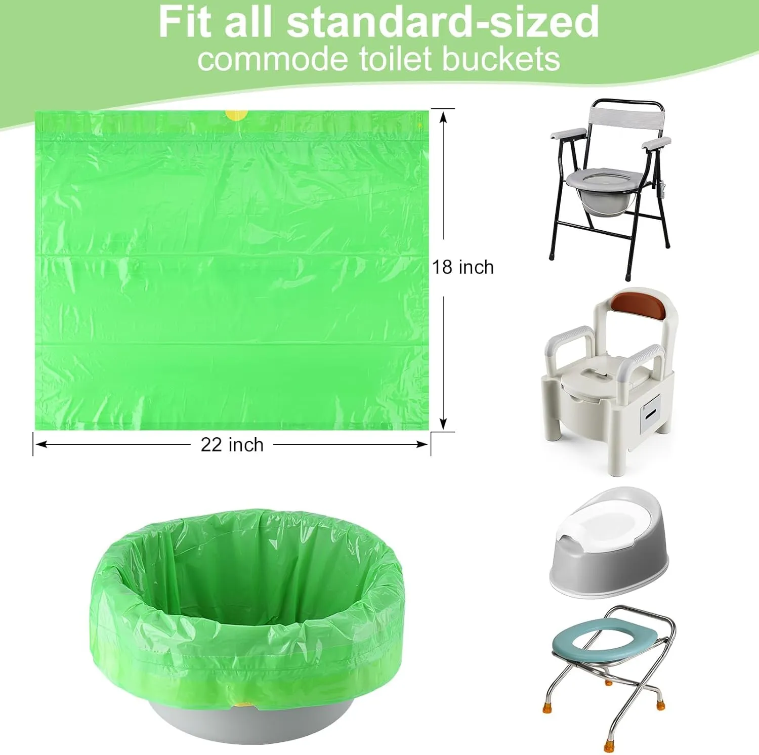 Commode liners, Bedside toilet plastic liners, Portable toilet liners, Travel toilet liners, Camping toilet liners, Toilet seat riser liners,Commode bags