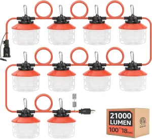 Construction String Lights: 100FT 3 Prong 150W Linkable Super Bright LED String Lights for Construction Sites Temporary Jobsite IP65 Waterproof 18AWG Wire Work Light with Cage