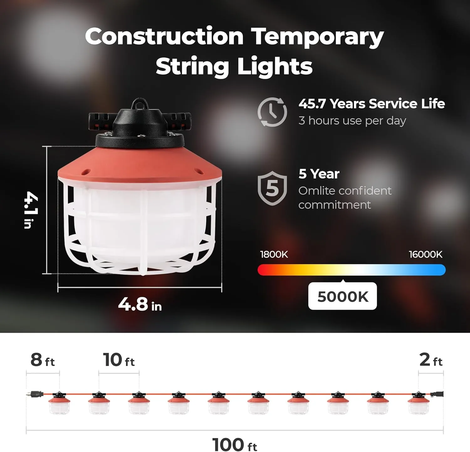 Construction String Lights: 100FT 3 Prong 150W Linkable Super Bright LED String Lights for Construction Sites Temporary Jobsite IP65 Waterproof 18AWG Wire Work Light with Cage