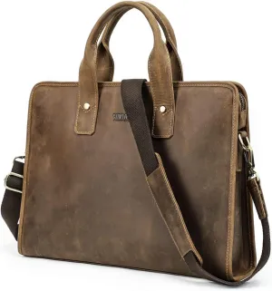 Contacts Leather Briefcase for Men 14 Inch Laptop Bag, Crazy Horse Leather Messenger Bag Brown Business Bag Satchel Shoulder Handbag