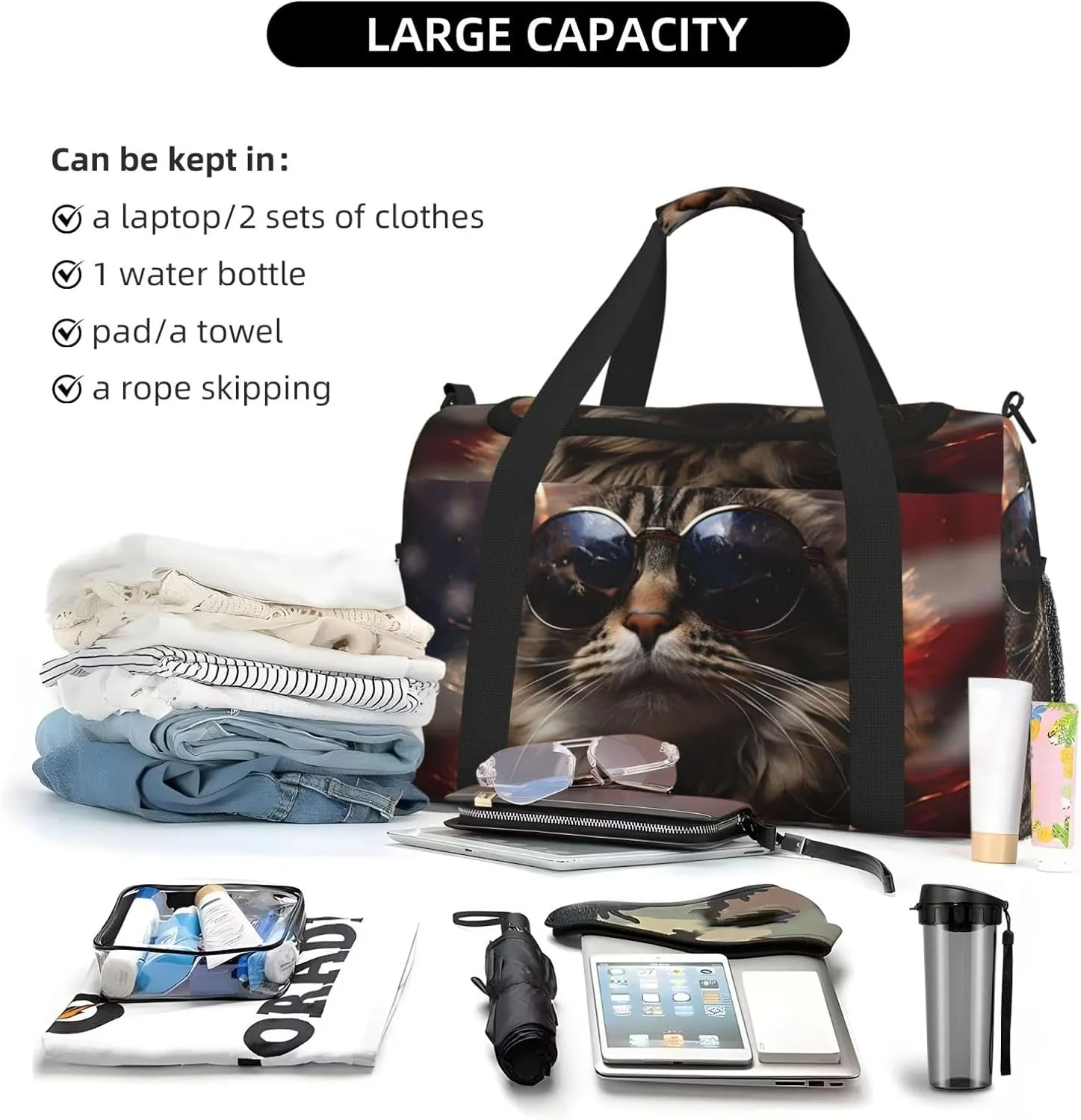 Cool Cat Flag Duffle Bag Foldable Travel Tote Bag Carry On Large Weekender Overnight Bags Waterproof Gym Bag For Women Men