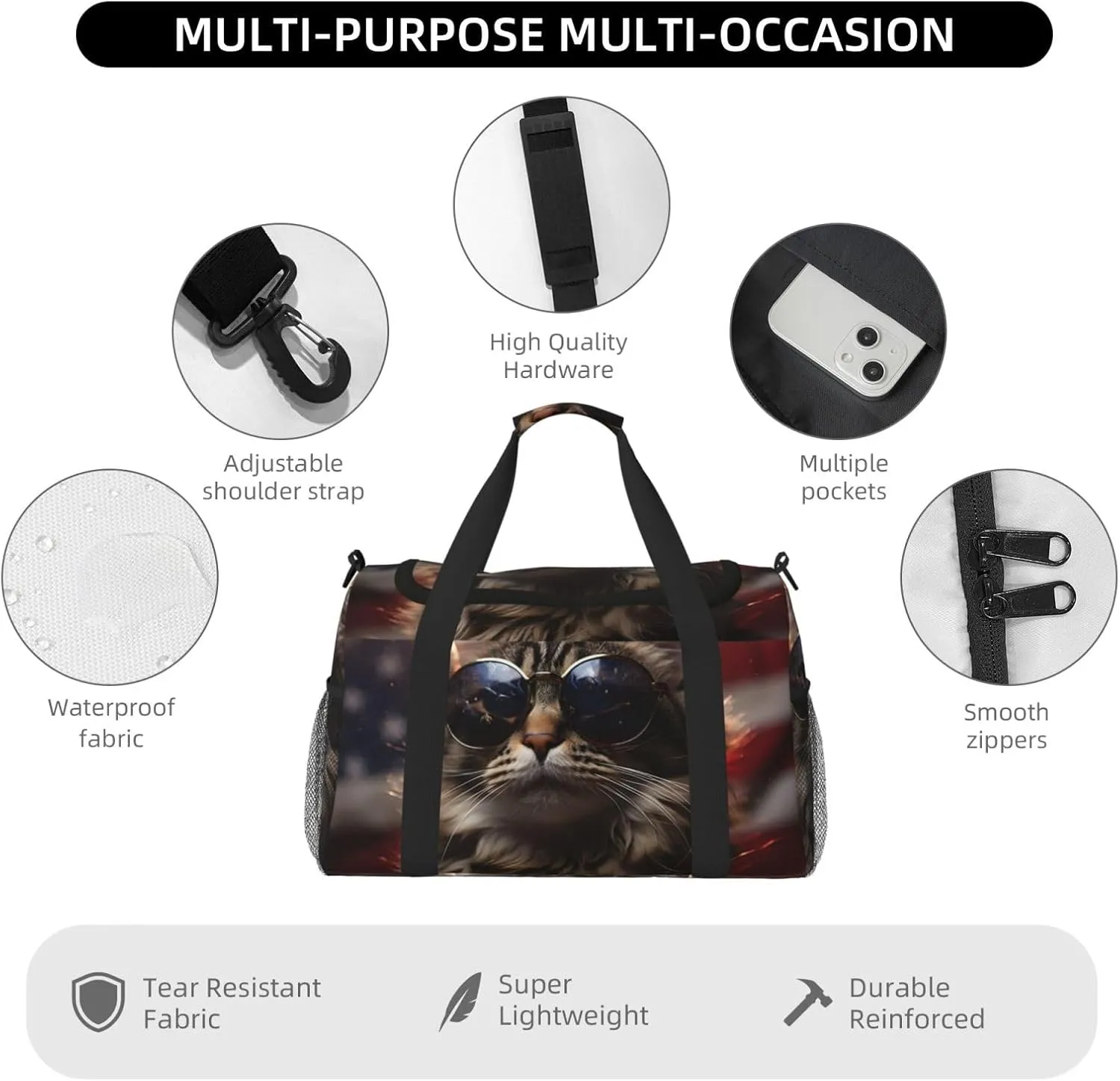 Cool Cat Flag Duffle Bag Foldable Travel Tote Bag Carry On Large Weekender Overnight Bags Waterproof Gym Bag For Women Men