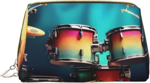 Cool Drums Set Print Leather Clutch Zipper Cosmetic Bag, Travel Cosmetic Organizer, Leather Storage Cosmetic Bag