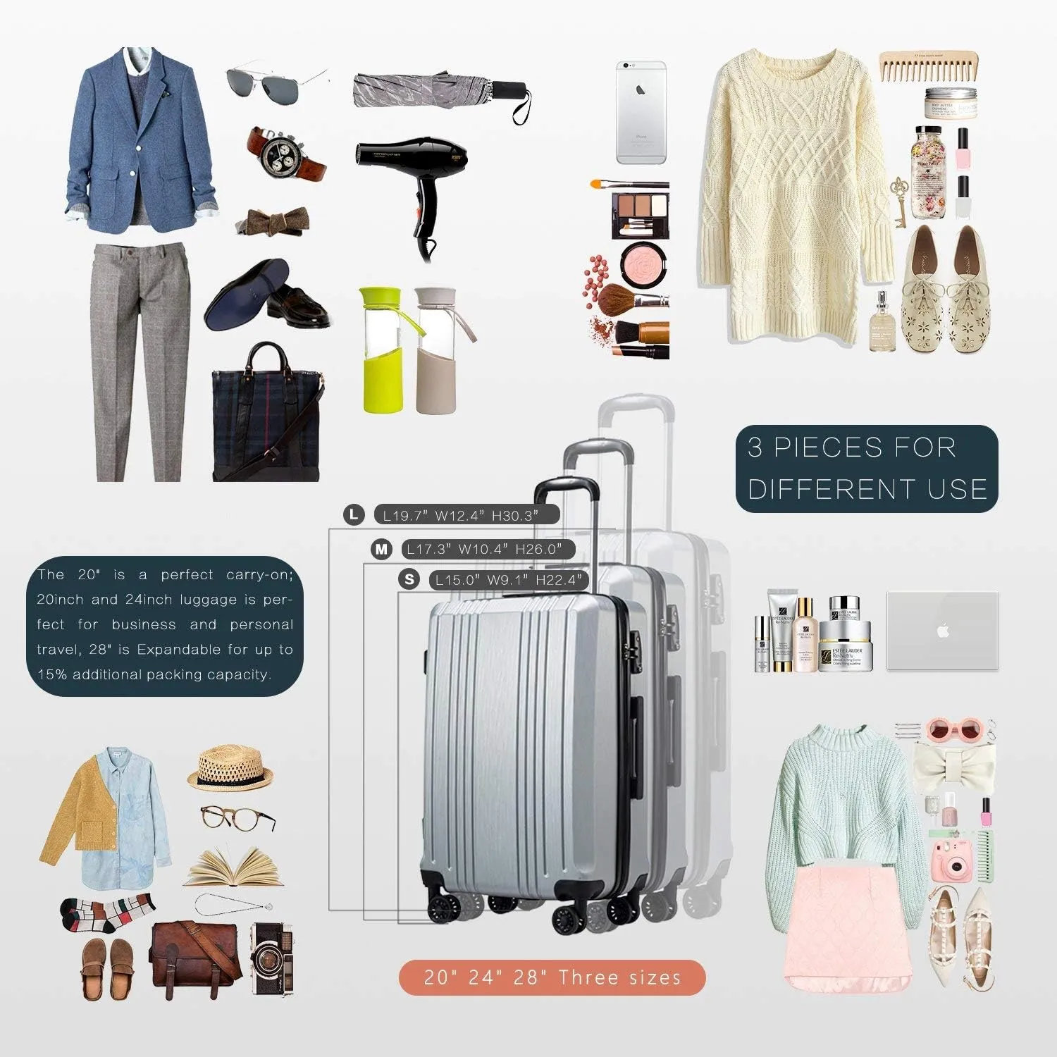 Coolife Luggage Suitcase PC ABS with TSA Lock Spinner Carry on Hardshell Lightweight 20in 24in 28in(white, L(28IN))