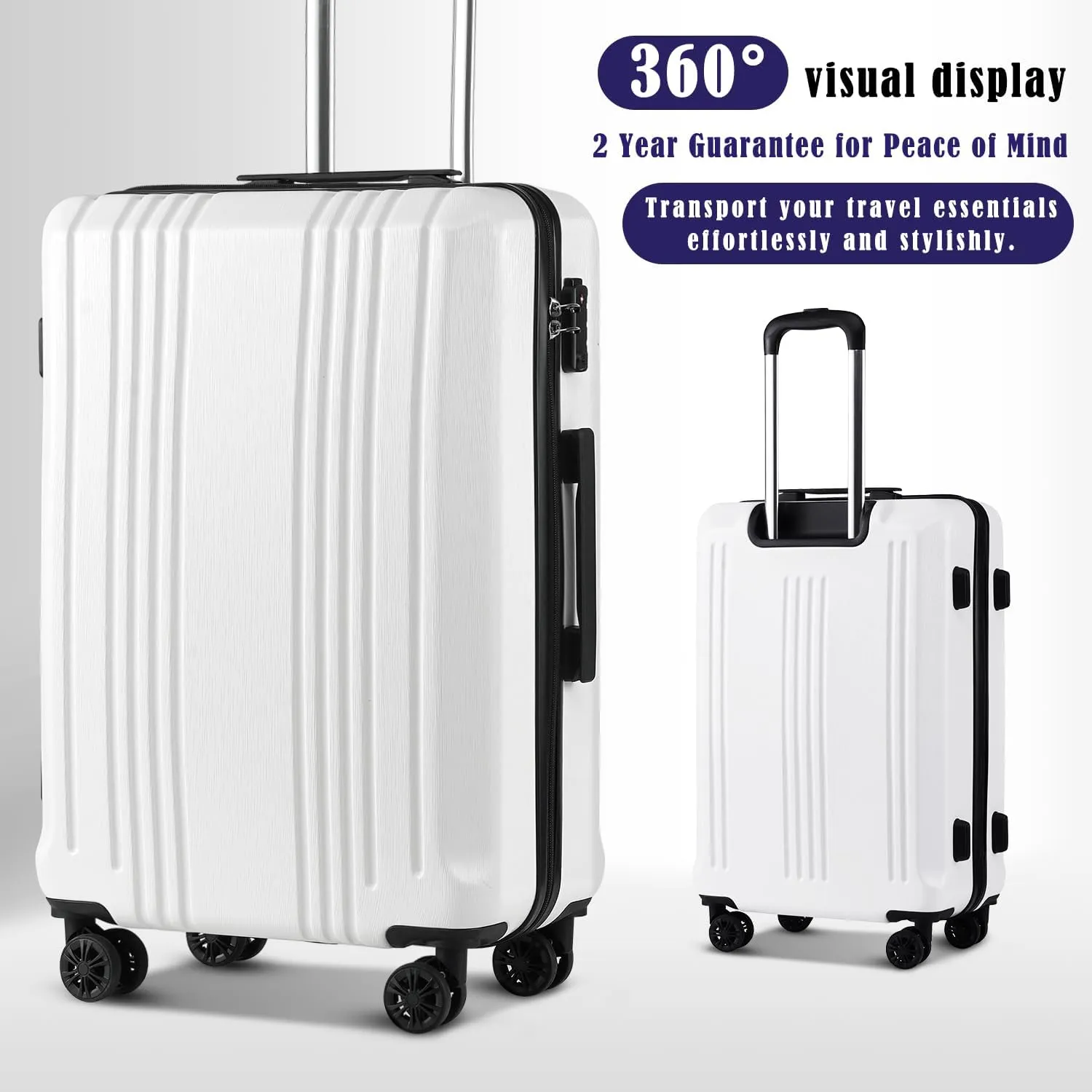 Coolife Luggage Suitcase PC ABS with TSA Lock Spinner Carry on Hardshell Lightweight 20in 24in 28in(white, L(28IN))