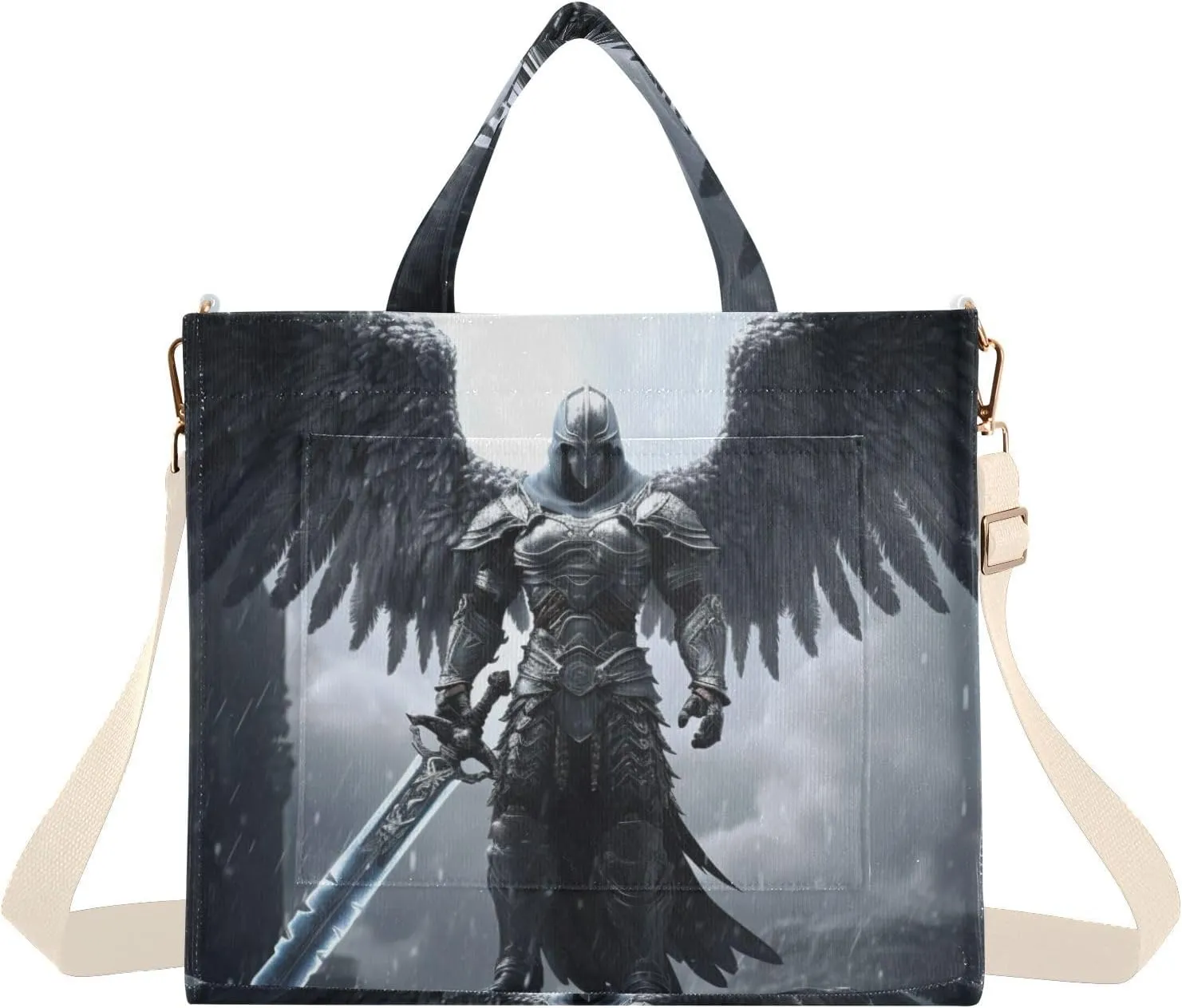 Corduroy Tote Bag Archangel Wing Black for Women Large Shoulder Bag with Pockets for Beach Work Travel Shopping S