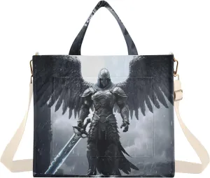 Corduroy Tote Bag Archangel Wing Black for Women Large Shoulder Bag with Pockets for Beach Work Travel Shopping S