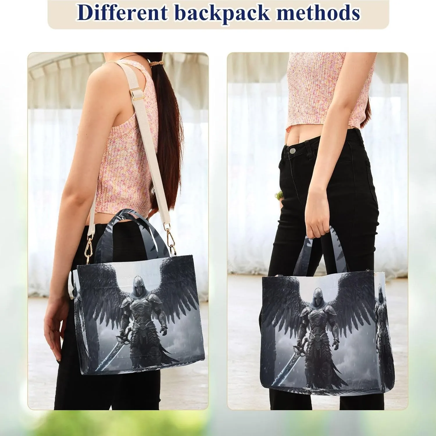Corduroy Tote Bag Archangel Wing Black for Women Large Shoulder Bag with Pockets for Beach Work Travel Shopping S