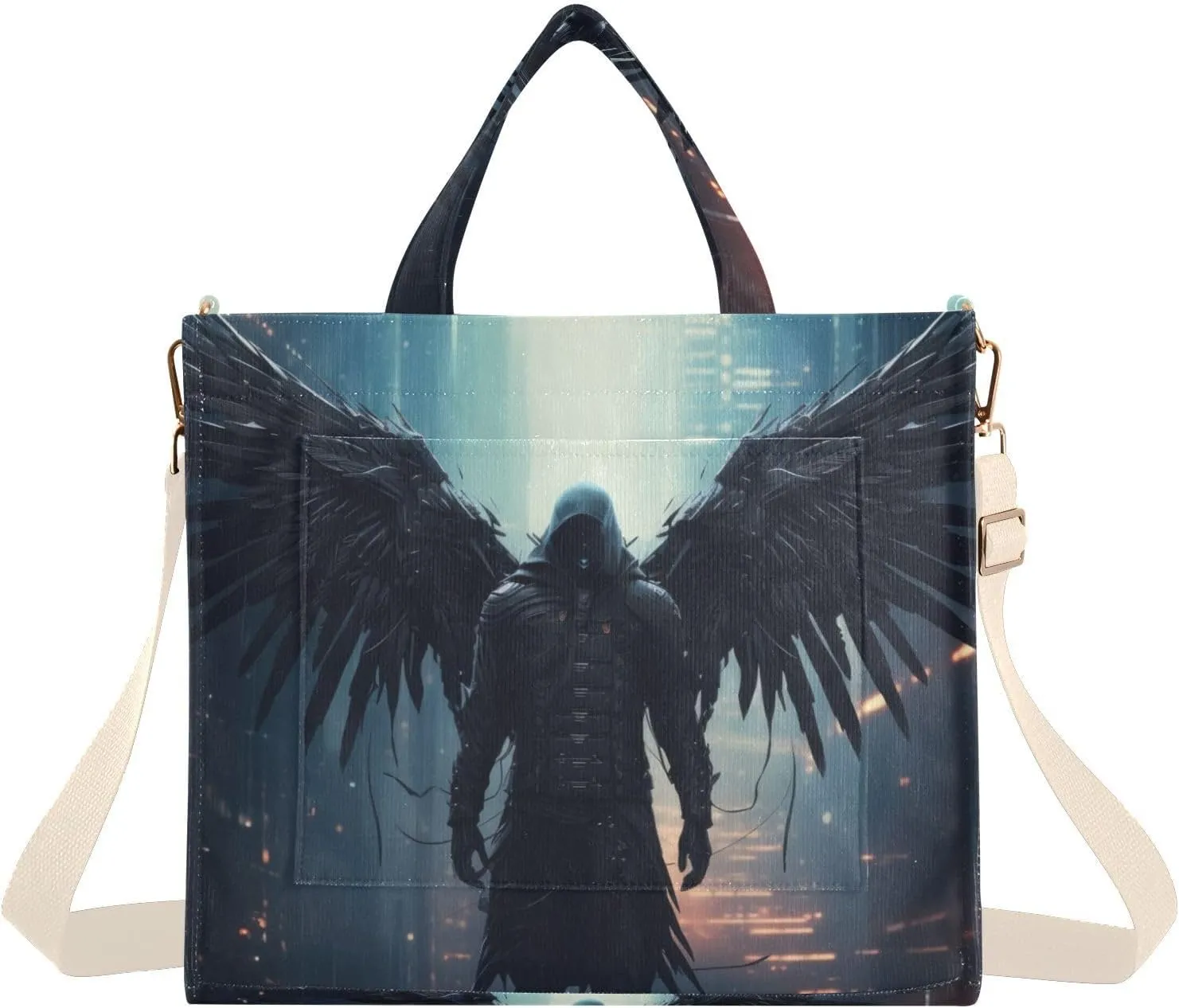 Corduroy Tote Bag Black Archangel Wing for Women Large Shoulder Bag with Pockets for Beach Work Travel Shopping S