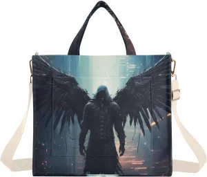 Corduroy Tote Bag Black Archangel Wing for Women Large Shoulder Bag with Pockets for Beach Work Travel Shopping S