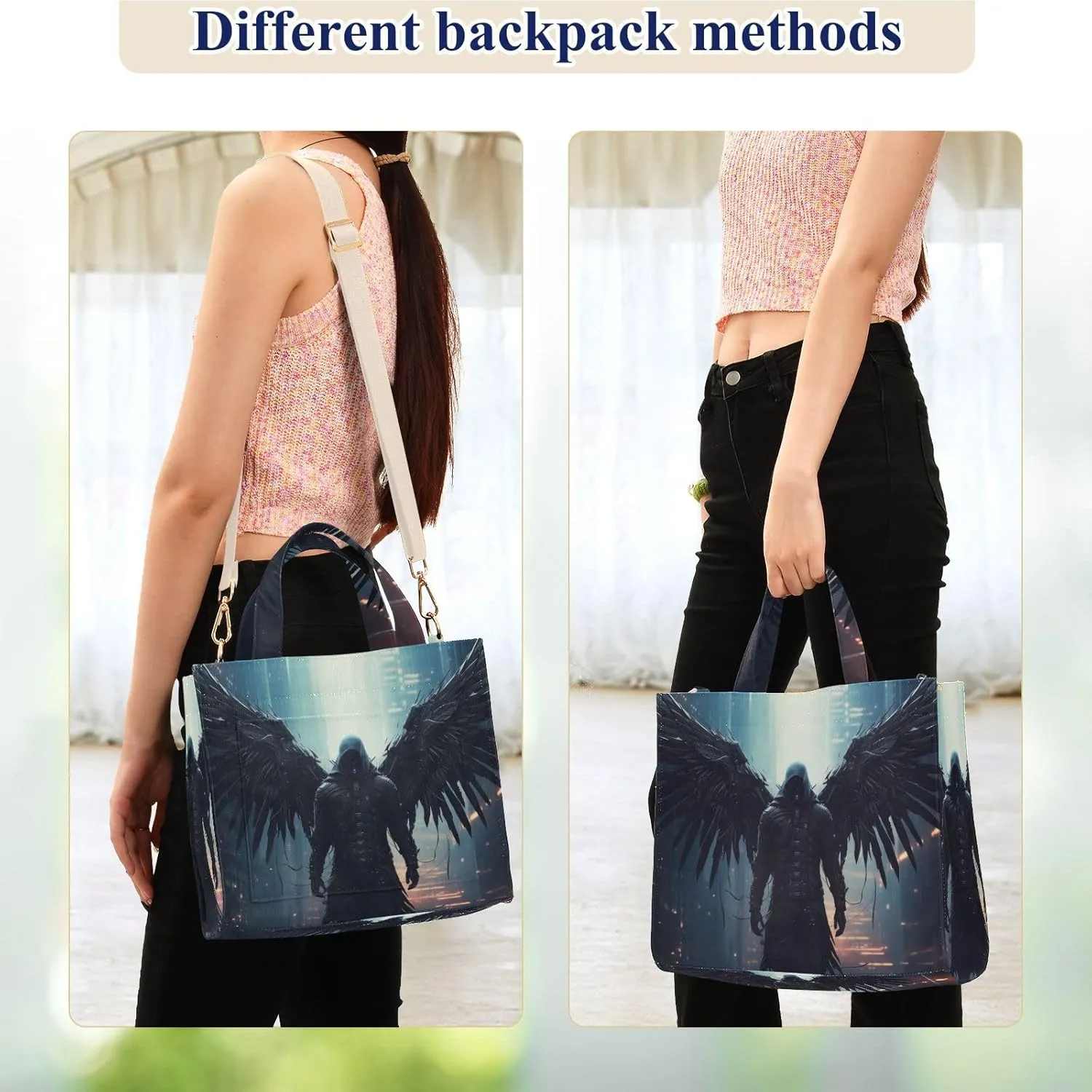 Corduroy Tote Bag Black Archangel Wing for Women Large Shoulder Bag with Pockets for Beach Work Travel Shopping S