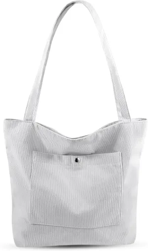 Corduroy Tote Bag for Women Large Shoulder Bag with Zipper and Pockets for Work Travel Shopping.