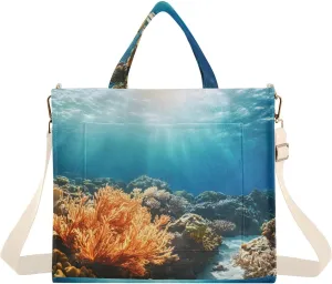 Corduroy Tote Bag Underwater Coral Reef for Women Large Shoulder Bag with Pockets for Beach Work Travel Shopping S