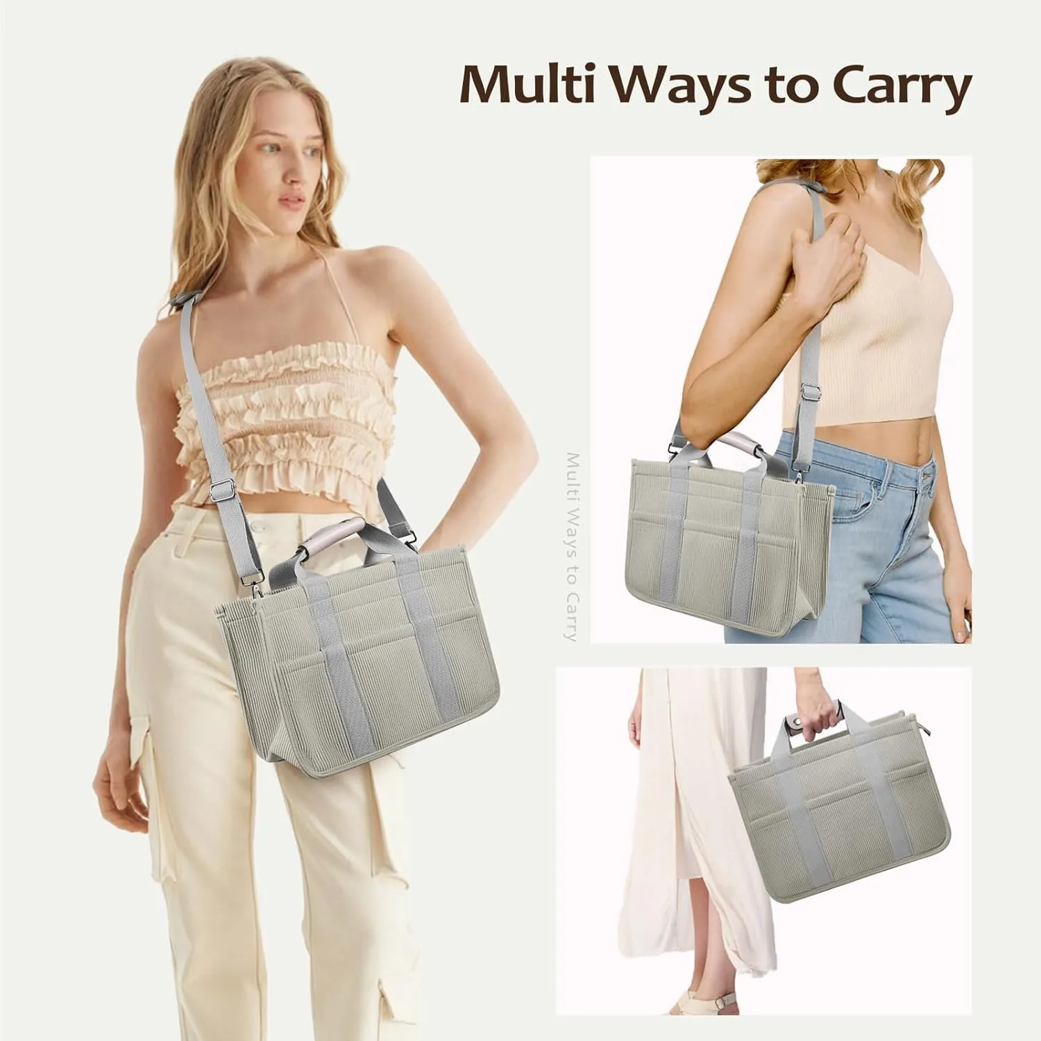 Corduroy Tote Bag with Zipper Women Large Crossbody Tote Purse with Pockets Everything Handbag Everyday Satchel Bag