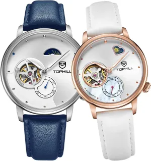 Couple Watches Men and Women, Automatic Casual Dress Wrist Watch, Calf-Leather Band, Day& Night Display, His and Her Gifts(Blue White)