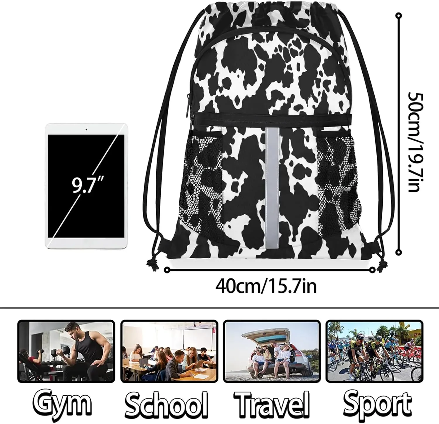 Cow Print Drawstring Backpack String Bag, Waterproof Sports Gym Swim Sackpack with Mesh Pocket for Men Women