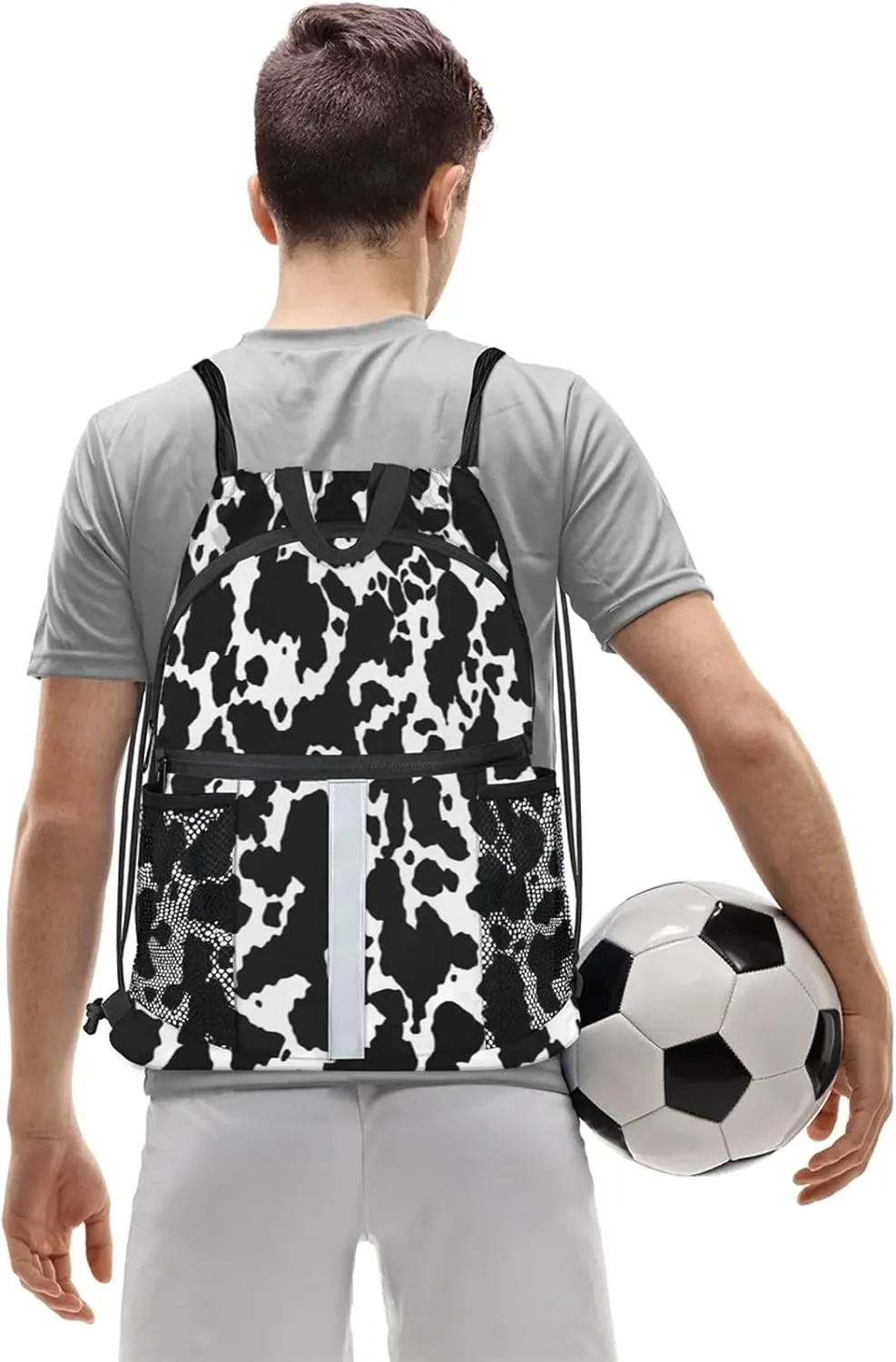 Cow Print Drawstring Backpack String Bag, Waterproof Sports Gym Swim Sackpack with Mesh Pocket for Men Women