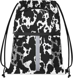 Cow Print Drawstring Backpack String Bag, Waterproof Sports Gym Swim Sackpack with Mesh Pocket for Men Women