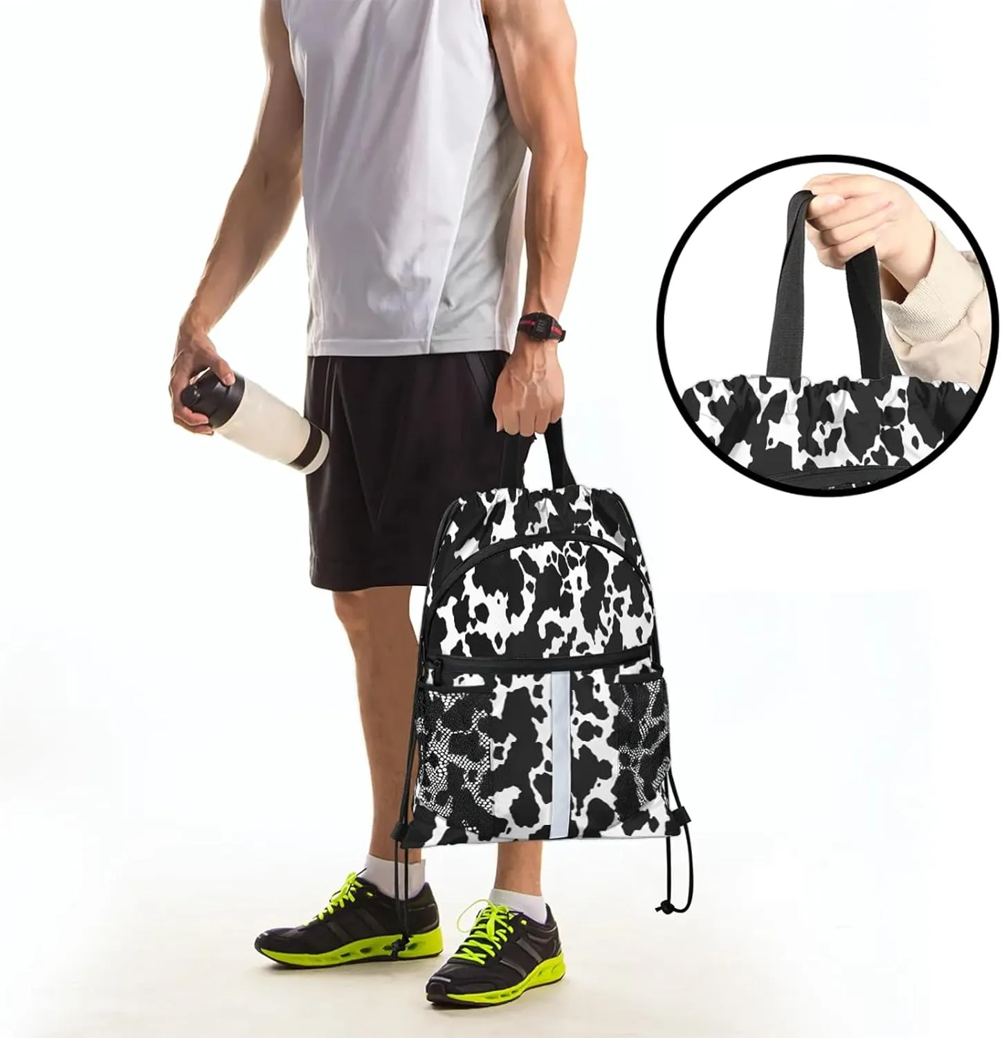 Cow Print Drawstring Backpack String Bag, Waterproof Sports Gym Swim Sackpack with Mesh Pocket for Men Women