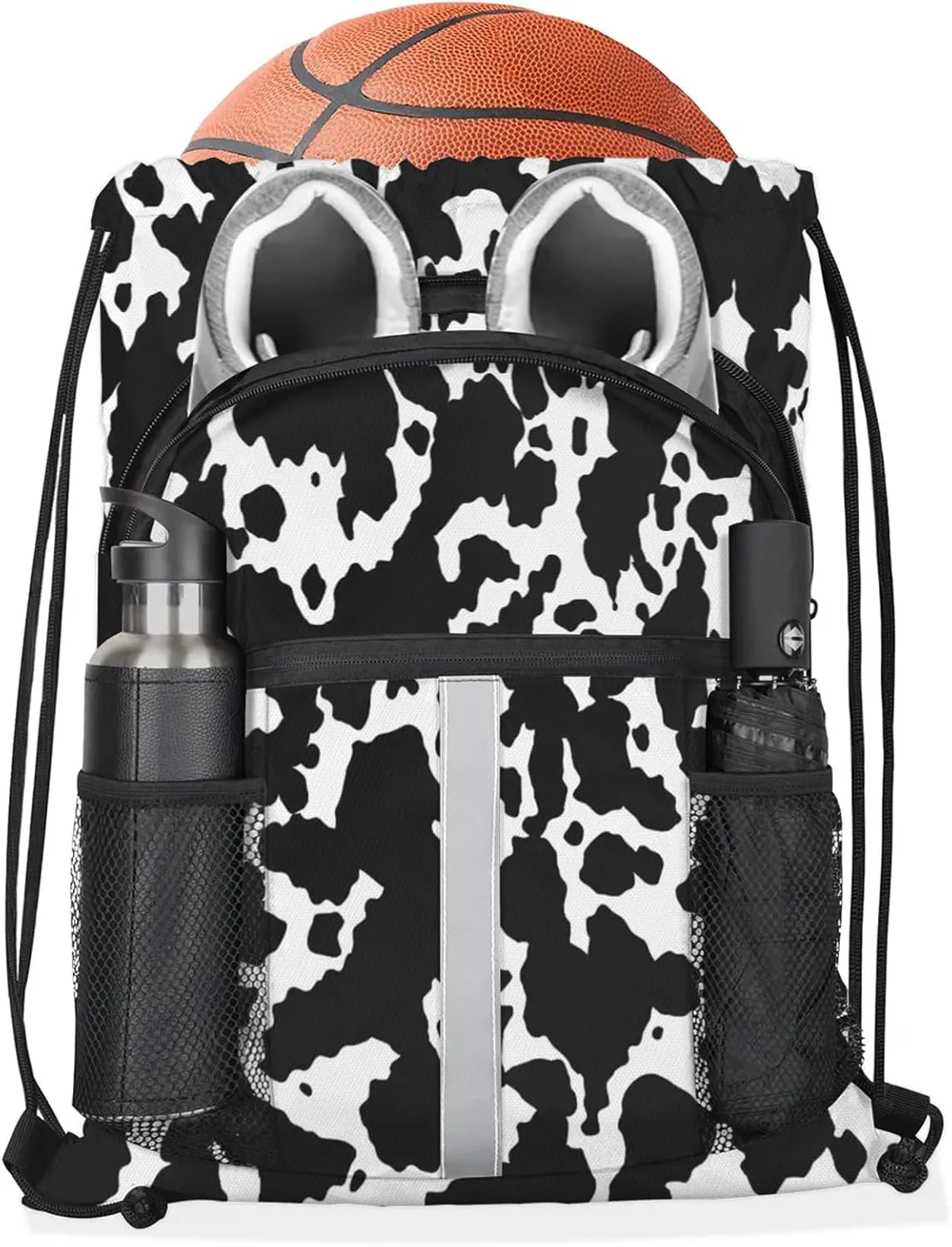 Cow Print Drawstring Backpack String Bag, Waterproof Sports Gym Swim Sackpack with Mesh Pocket for Men Women