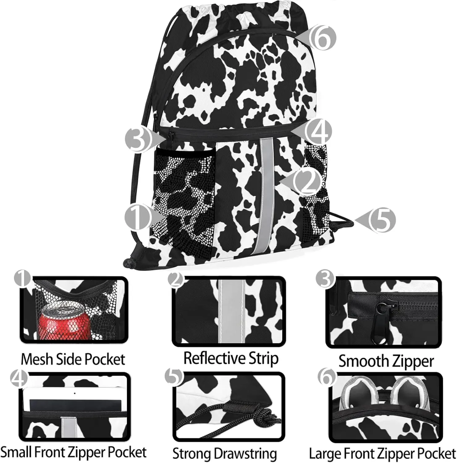 Cow Print Drawstring Backpack String Bag, Waterproof Sports Gym Swim Sackpack with Mesh Pocket for Men Women