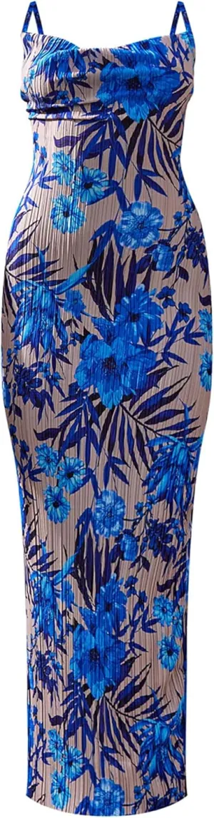 Cowl Neck Printed Plisse Maxi Dress Sleeveless Tank Dress Summer Beach Dresses