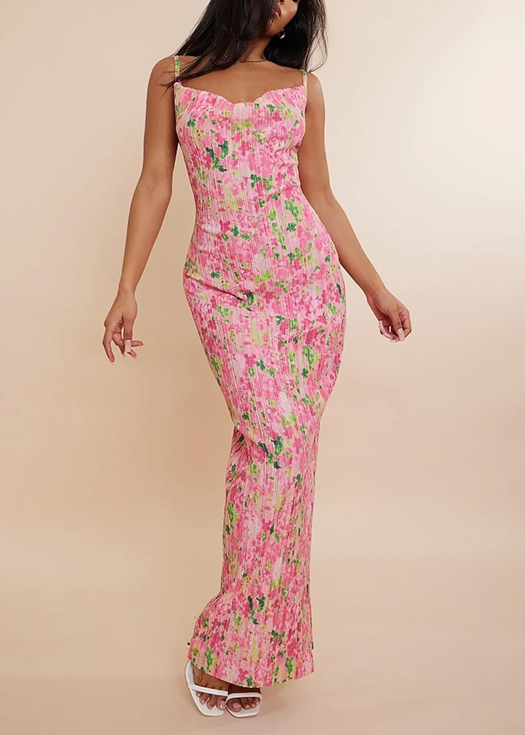 Cowl Neck Printed Plisse Maxi Dress Sleeveless Tank Dress Summer Beach Dresses