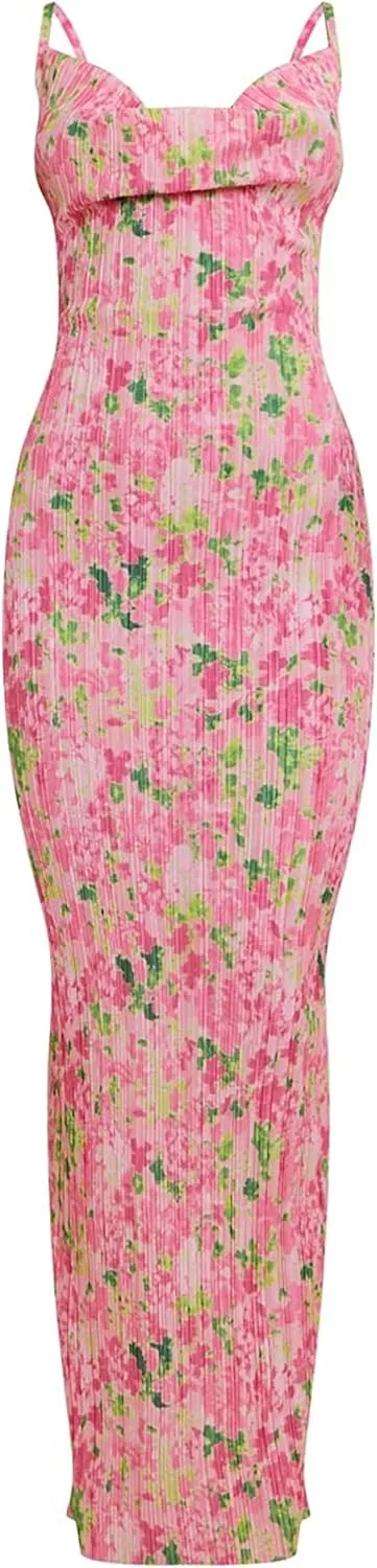 Cowl Neck Printed Plisse Maxi Dress Sleeveless Tank Dress Summer Beach Dresses