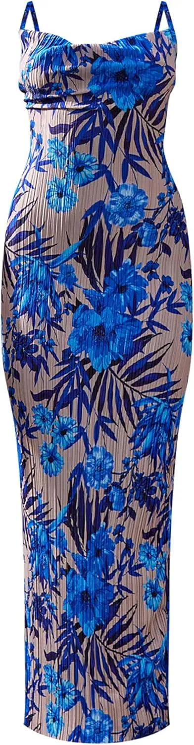 Cowl Neck Printed Plisse Maxi Dress Sleeveless Tank Dress Summer Beach Dresses