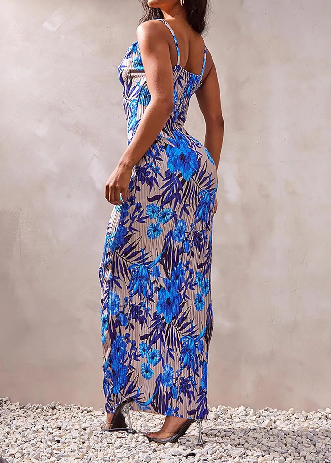 Cowl Neck Printed Plisse Maxi Dress Sleeveless Tank Dress Summer Beach Dresses