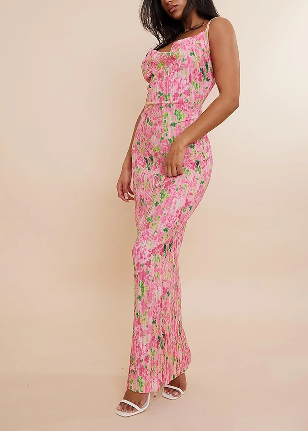 Cowl Neck Printed Plisse Maxi Dress Sleeveless Tank Dress Summer Beach Dresses