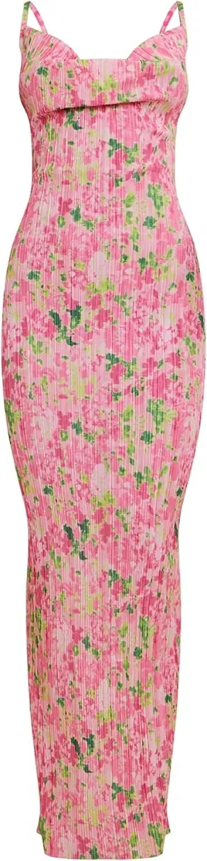 Cowl Neck Printed Plisse Maxi Dress Sleeveless Tank Dress Summer Beach Dresses