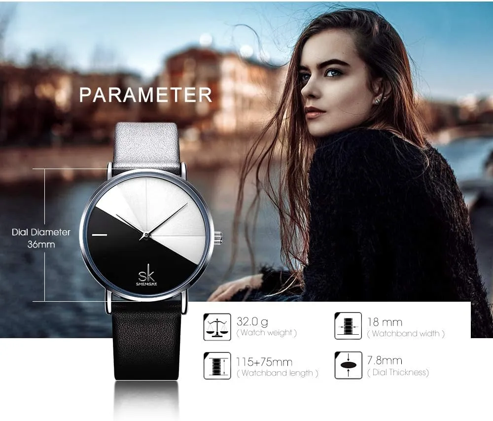 Creative Simplicity Women Watch Genuine Leather Elegant Women Watches Ladies Business Wristwatch(Black)