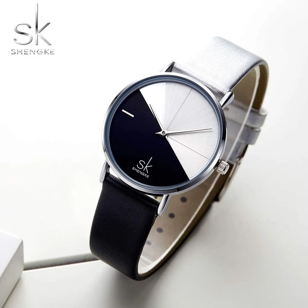 Creative Simplicity Women Watch Genuine Leather Elegant Women Watches Ladies Business Wristwatch(Black)