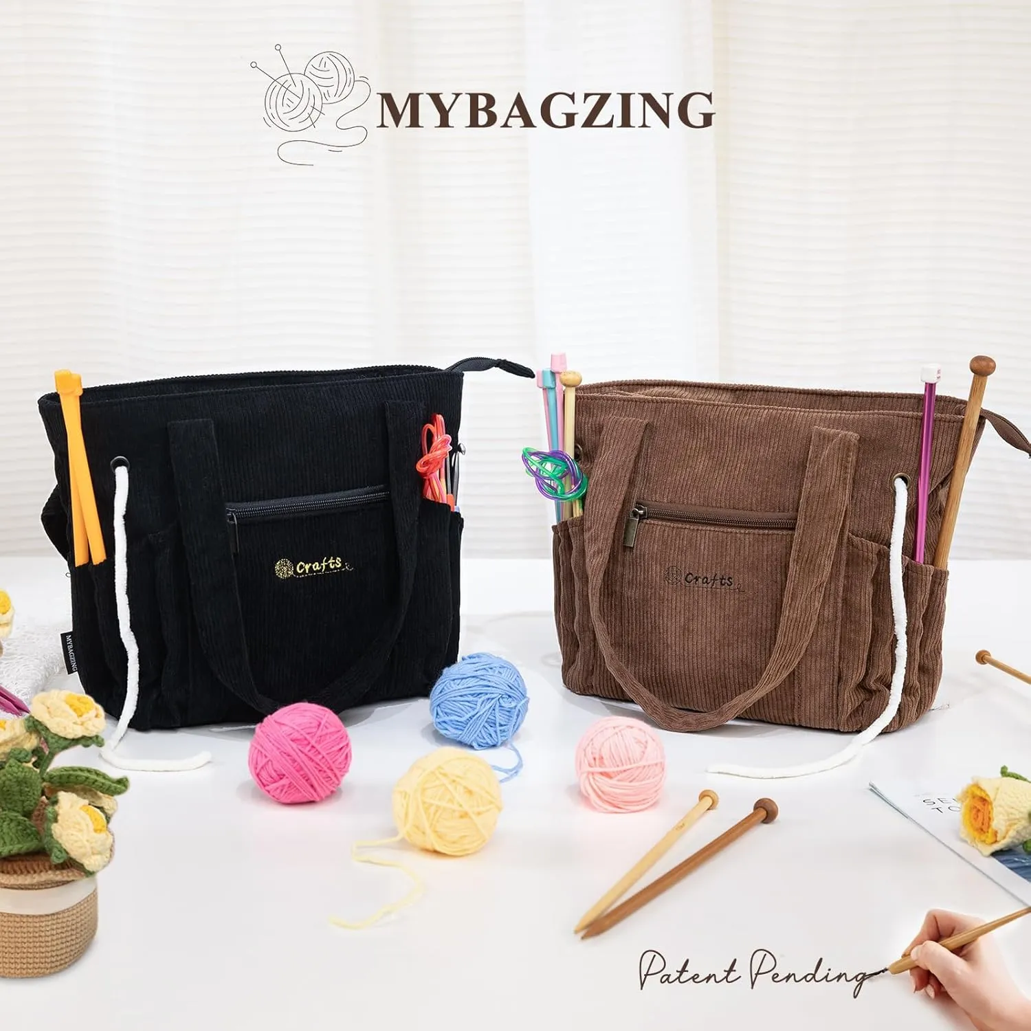 Crochet Bag and Tote - Corduroy Yarn Bag - Yarn Holder for Crocheting - Crochet Storage Bag for Crochet Hooks, Crochet Accessories, Knitting Bag for Crochet Lovers, Mother's Day Gift