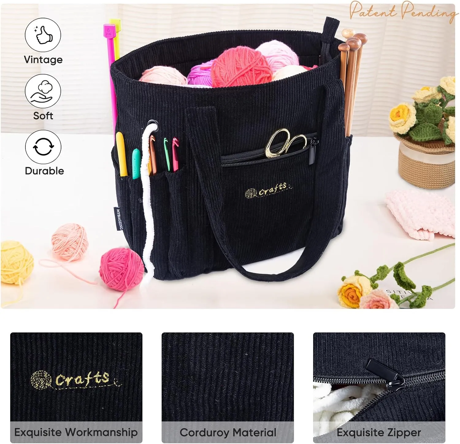 Crochet Bag and Tote - Corduroy Yarn Bag - Yarn Holder for Crocheting - Crochet Storage Bag for Crochet Hooks, Crochet Accessories, Knitting Bag for Crochet Lovers, Mother's Day Gift