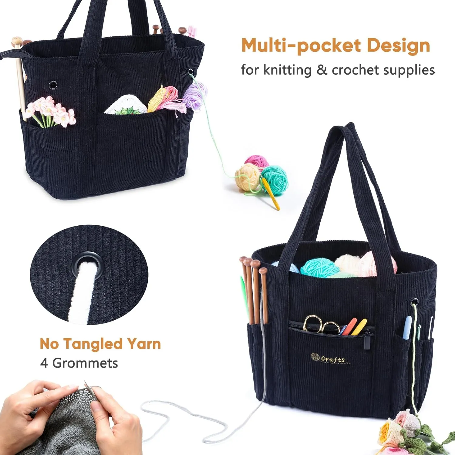 Crochet Bag and Tote - Corduroy Yarn Bag - Yarn Holder for Crocheting - Crochet Storage Bag for Crochet Hooks, Crochet Accessories, Knitting Bag for Crochet Lovers, Mother's Day Gift