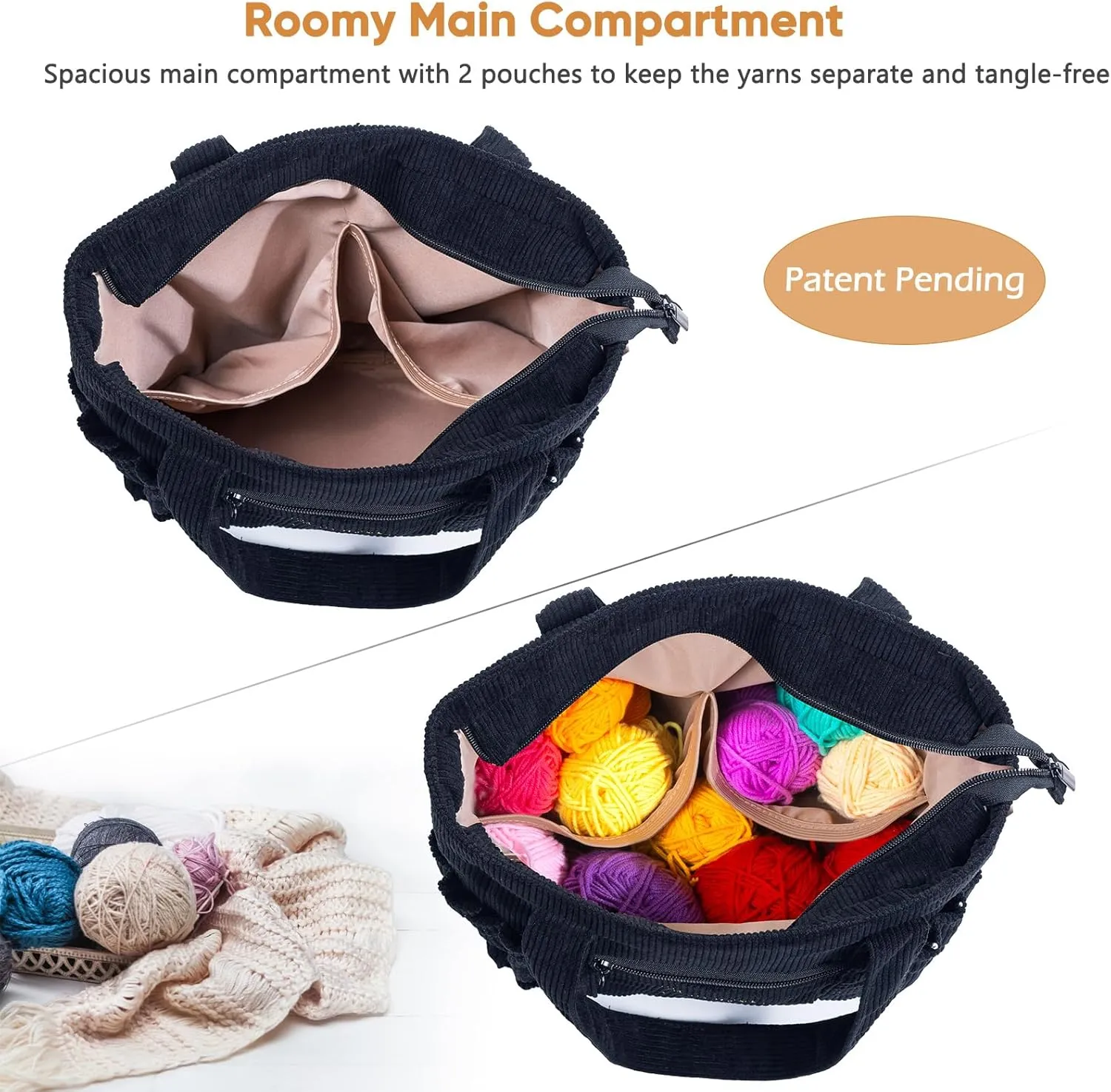 Crochet Bag and Tote - Corduroy Yarn Bag - Yarn Holder for Crocheting - Crochet Storage Bag for Crochet Hooks, Crochet Accessories, Knitting Bag for Crochet Lovers, Mother's Day Gift