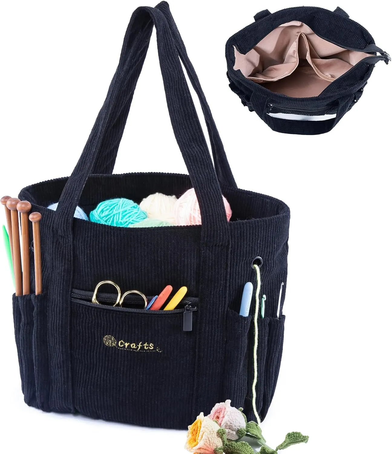 Crochet Bag and Tote - Corduroy Yarn Bag - Yarn Holder for Crocheting - Crochet Storage Bag for Crochet Hooks, Crochet Accessories, Knitting Bag for Crochet Lovers, Mother's Day Gift