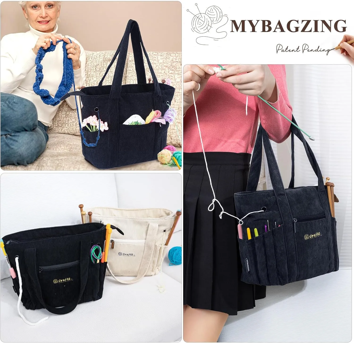 Crochet Bag and Tote - Corduroy Yarn Bag - Yarn Holder for Crocheting - Crochet Storage Bag for Crochet Hooks, Crochet Accessories, Knitting Bag for Crochet Lovers, Mother's Day Gift