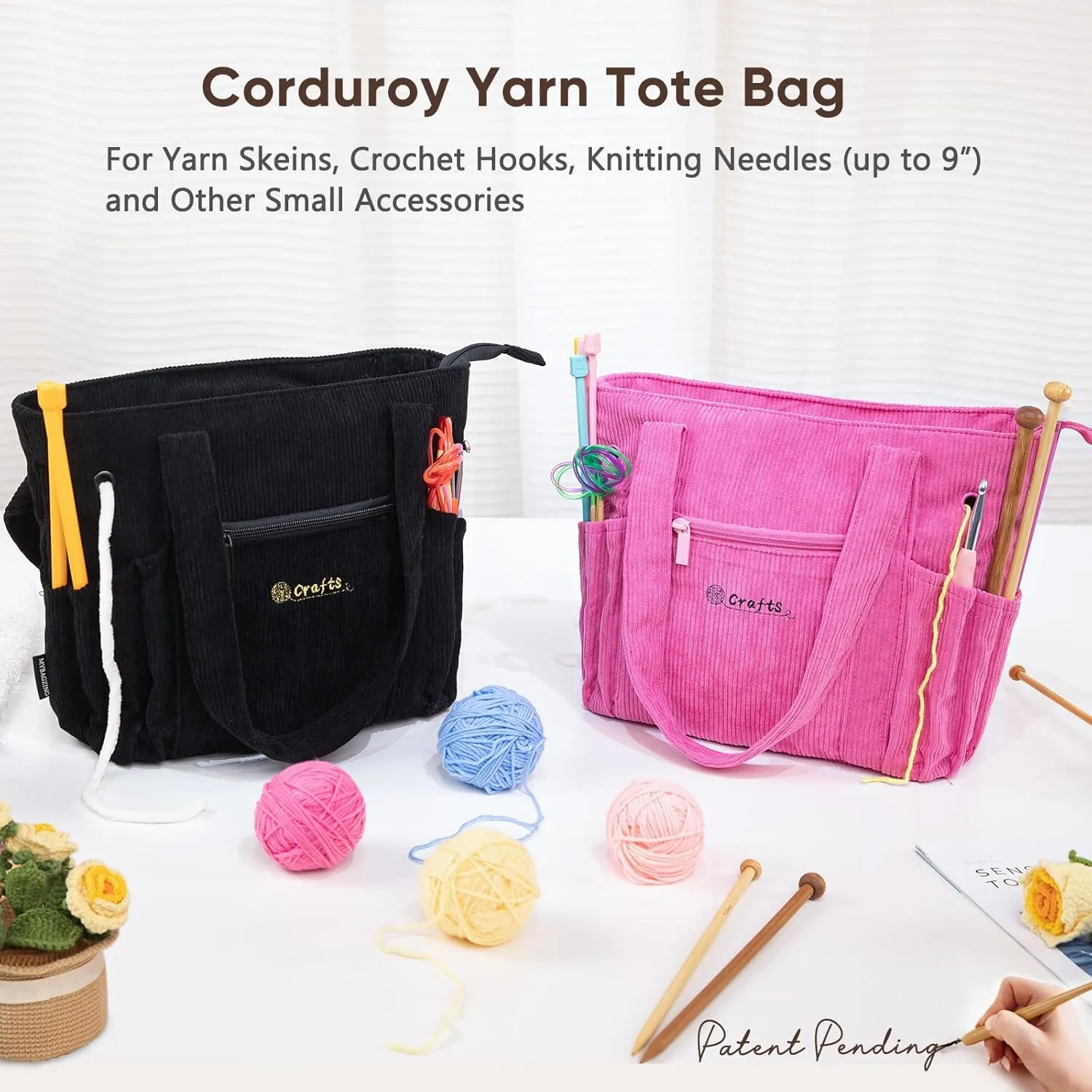 Crochet Bag and Tote - Corduroy Yarn Bag - Yarn Holder for Crocheting - Crochet Storage Bag for Crochet Hooks, Crochet Accessories, Knitting Bag for Crochet Lovers, Mother's Day Gift