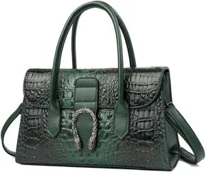 Crocodile Pattern Leather Top Handle Satchel Handbag for Women - Medium Fashion Ladies Shoulder Bag Tote Purse