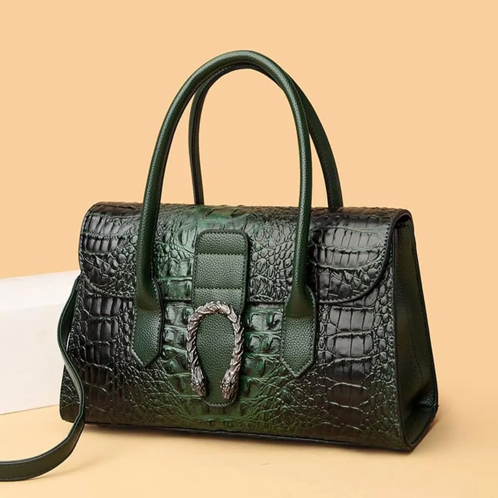 Crocodile Pattern Leather Top Handle Satchel Handbag for Women - Medium Fashion Ladies Shoulder Bag Tote Purse